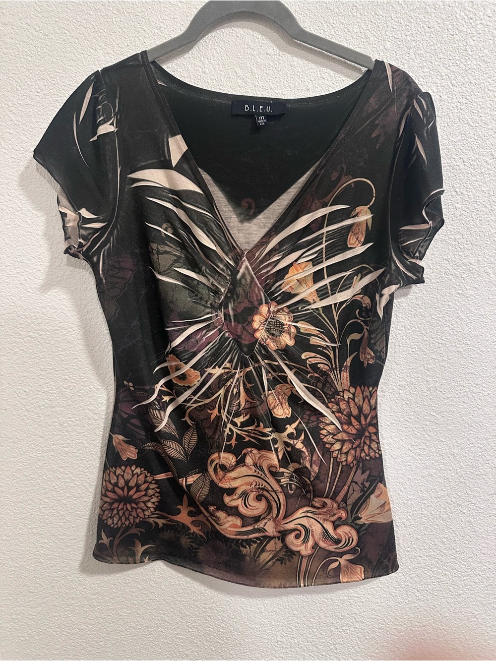 B.L.E.U. Black V-Neck Short Sleeve Floral & Butterfly Print Top